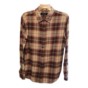 PACSUN MENS PLAID FLANNEL BUTTON UP SHIRT SIZE MEDIUM RED BLACK TAN LONG SLEEVE